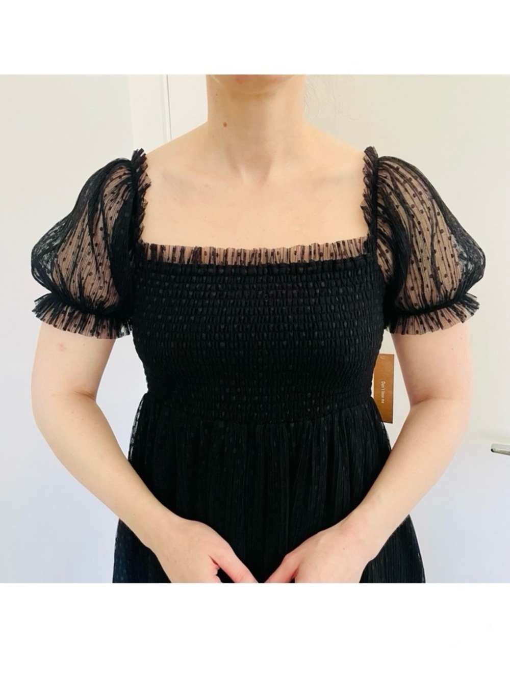 New! OPT Odi Dress Sheer Square Neck Smocked Midi
